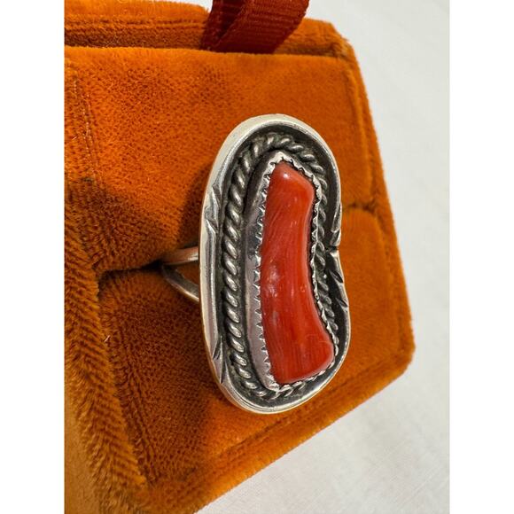 Vintage Native American Red Coral Branch Ring Sterling Silver Southwest Sz 6.5 - Picture 2 of 7